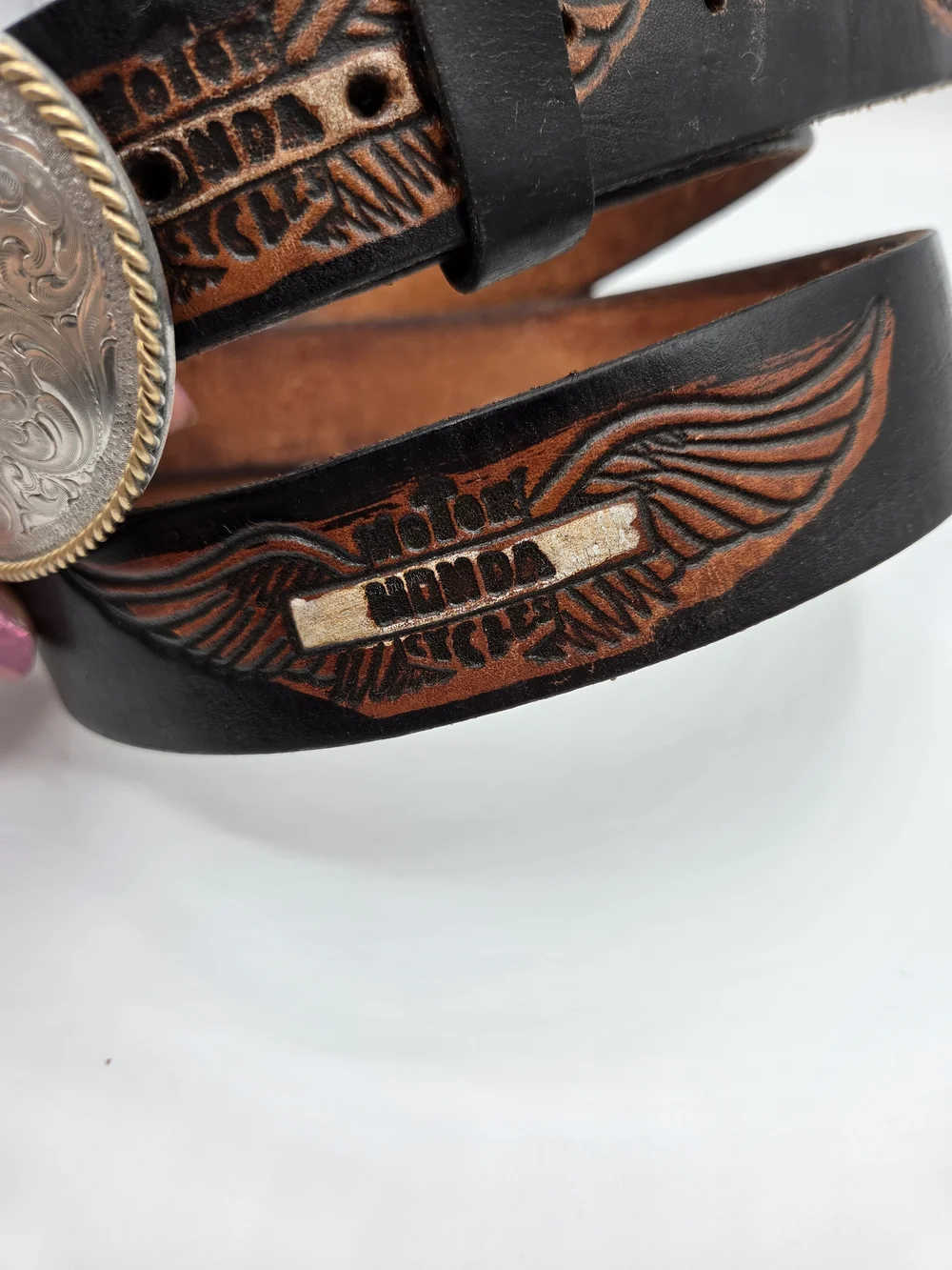 Honda Motor Leather Belt with Western Eagle Gold-Tone Buckle